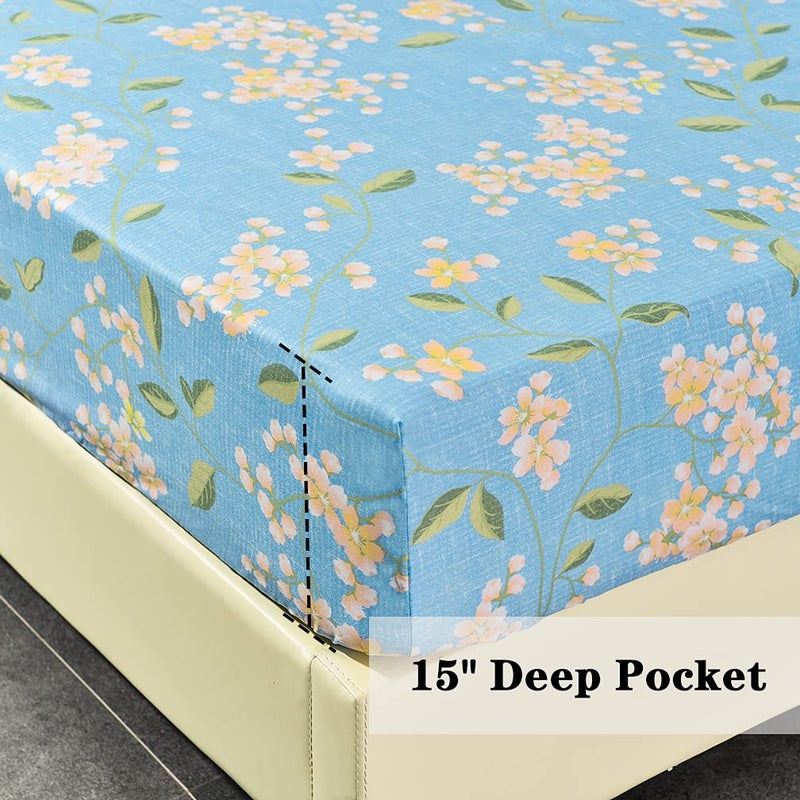 JSD Blue Floral Printed Sheet Set King Size, 4 Piece Soft Pattern Microfiber Sheets Extra Deep Pocket - Image 4